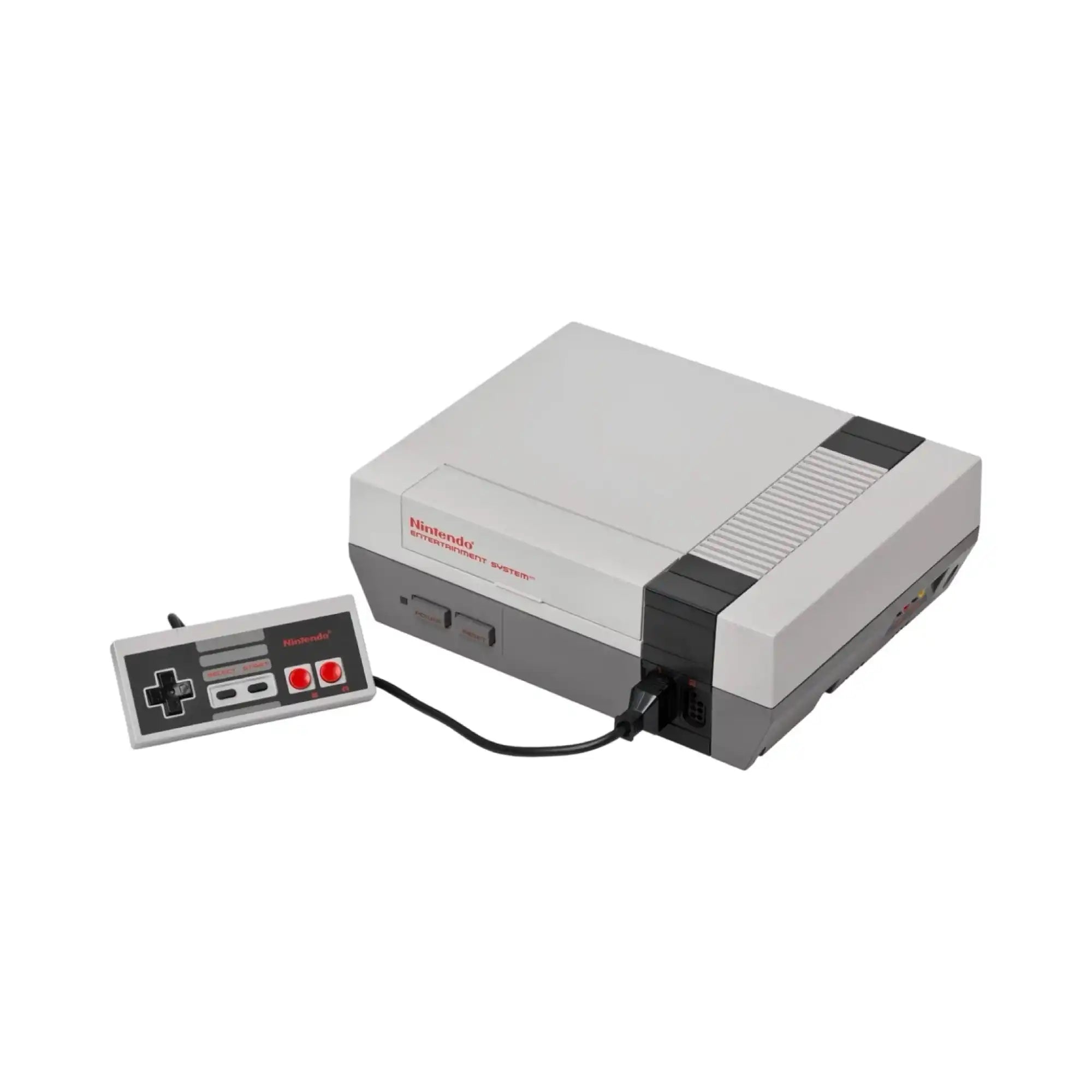 En grå og hvit Nintendo Entertainment System (NES) konsoll med en tilkoblet kontroller.