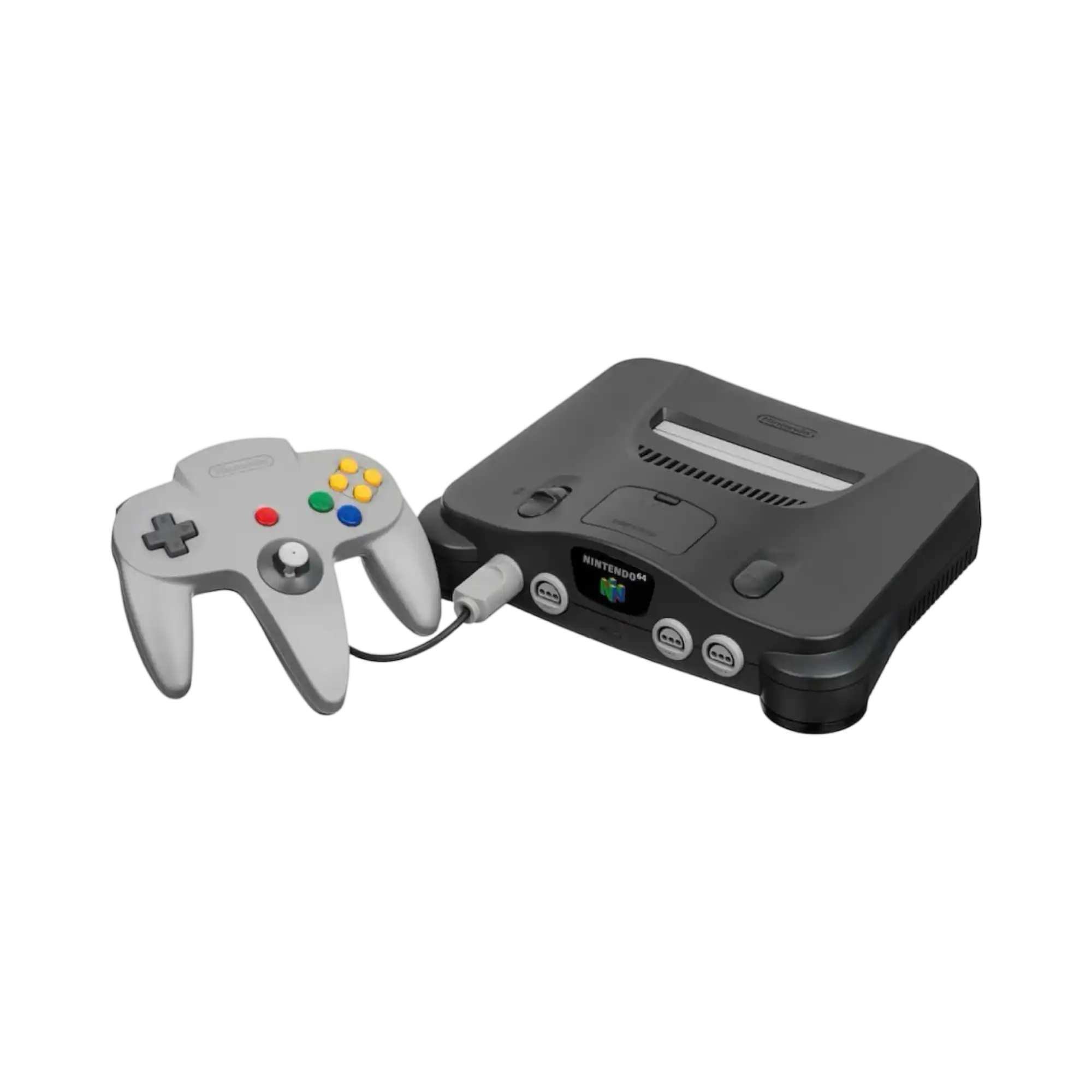 Grå Nintendo 64-konsoll med en tilkoblet kontroller.