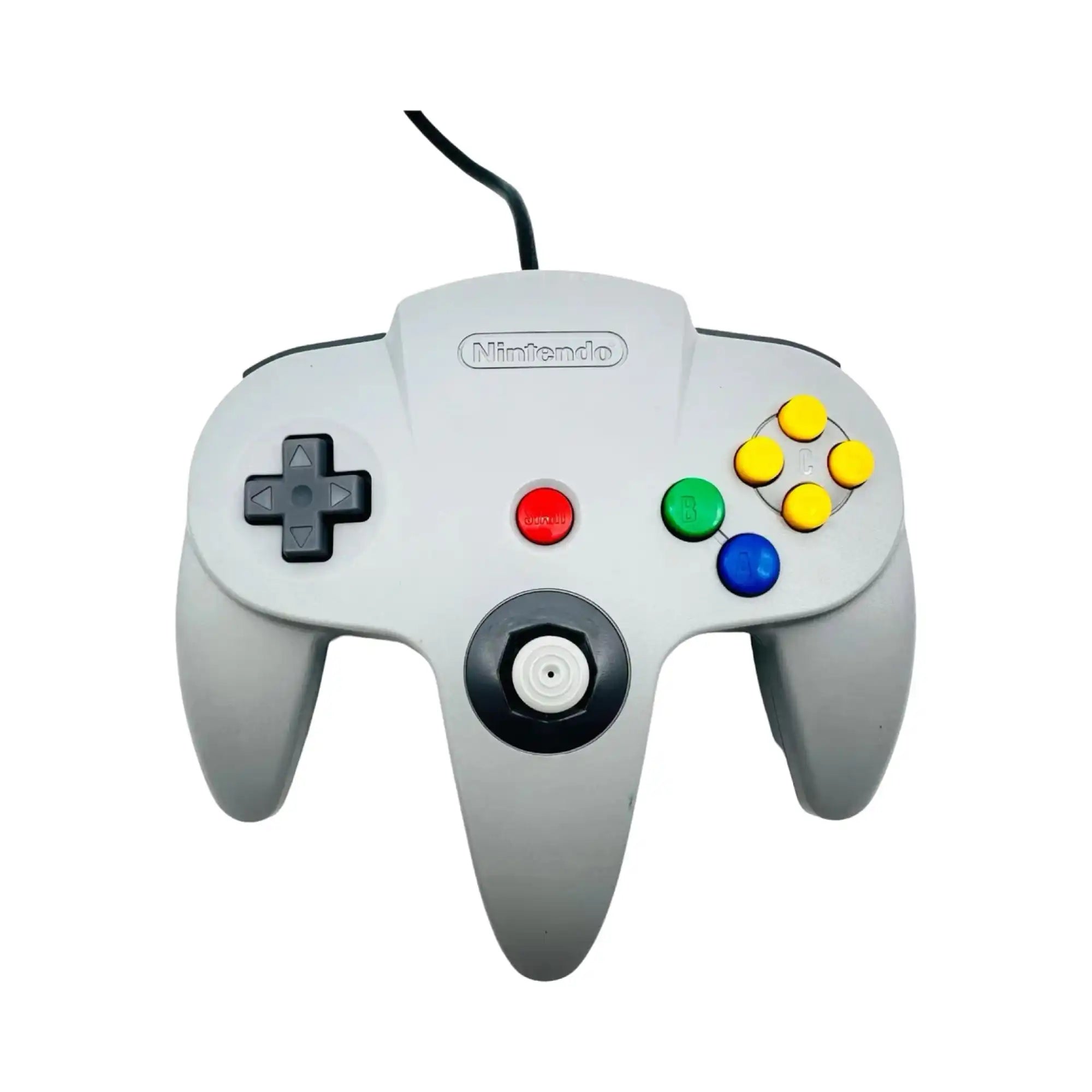 Grå Nintendo 64-spillkontroller med fargede knapper.