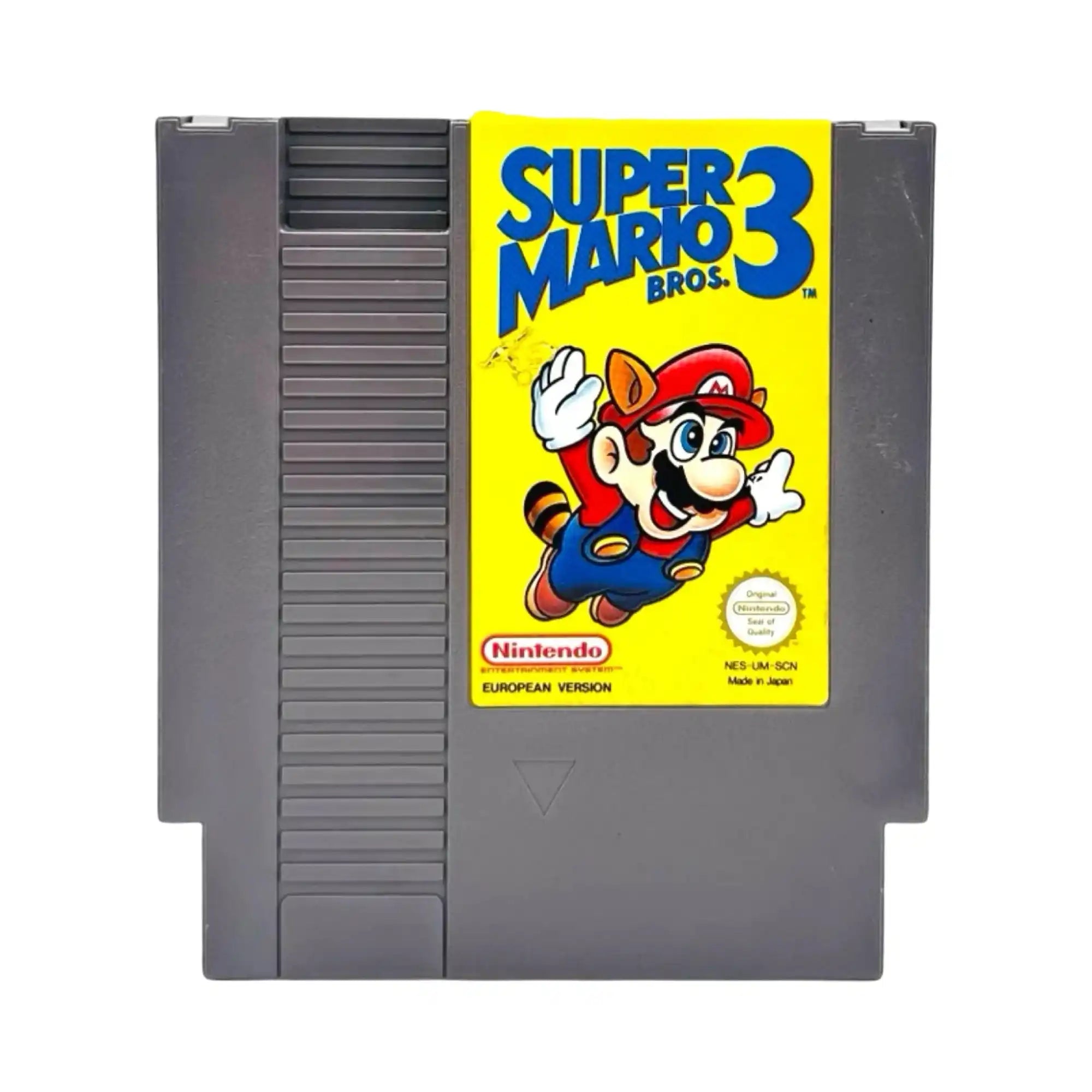 En grå Nintendo Entertainment System (NES) spillkassett med et ’Super Mario Bros. 3’-etikett.