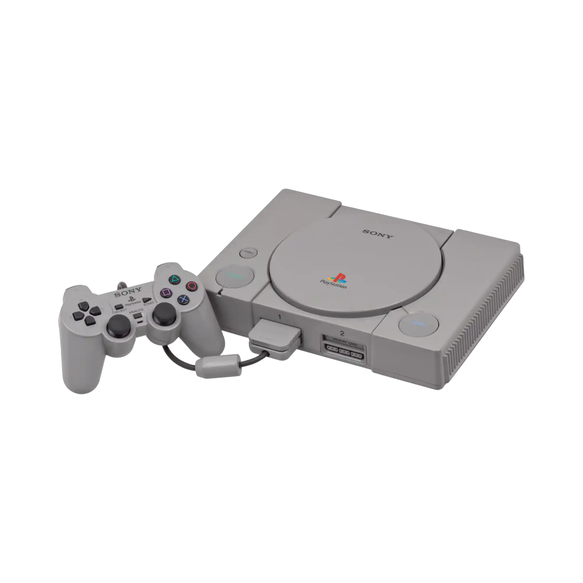 Grå PlayStation 1-konsoll med en matchende kontroller.