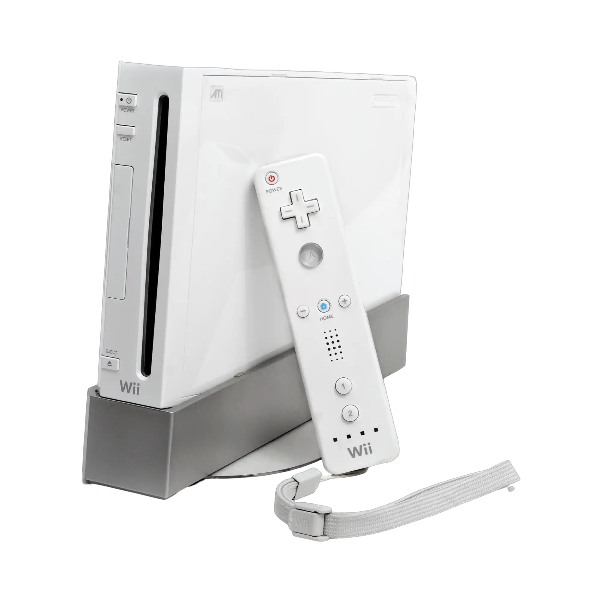 Hvit Nintendo Wii-konsoll med en matchende fjernkontroll og håndleddsbånd.