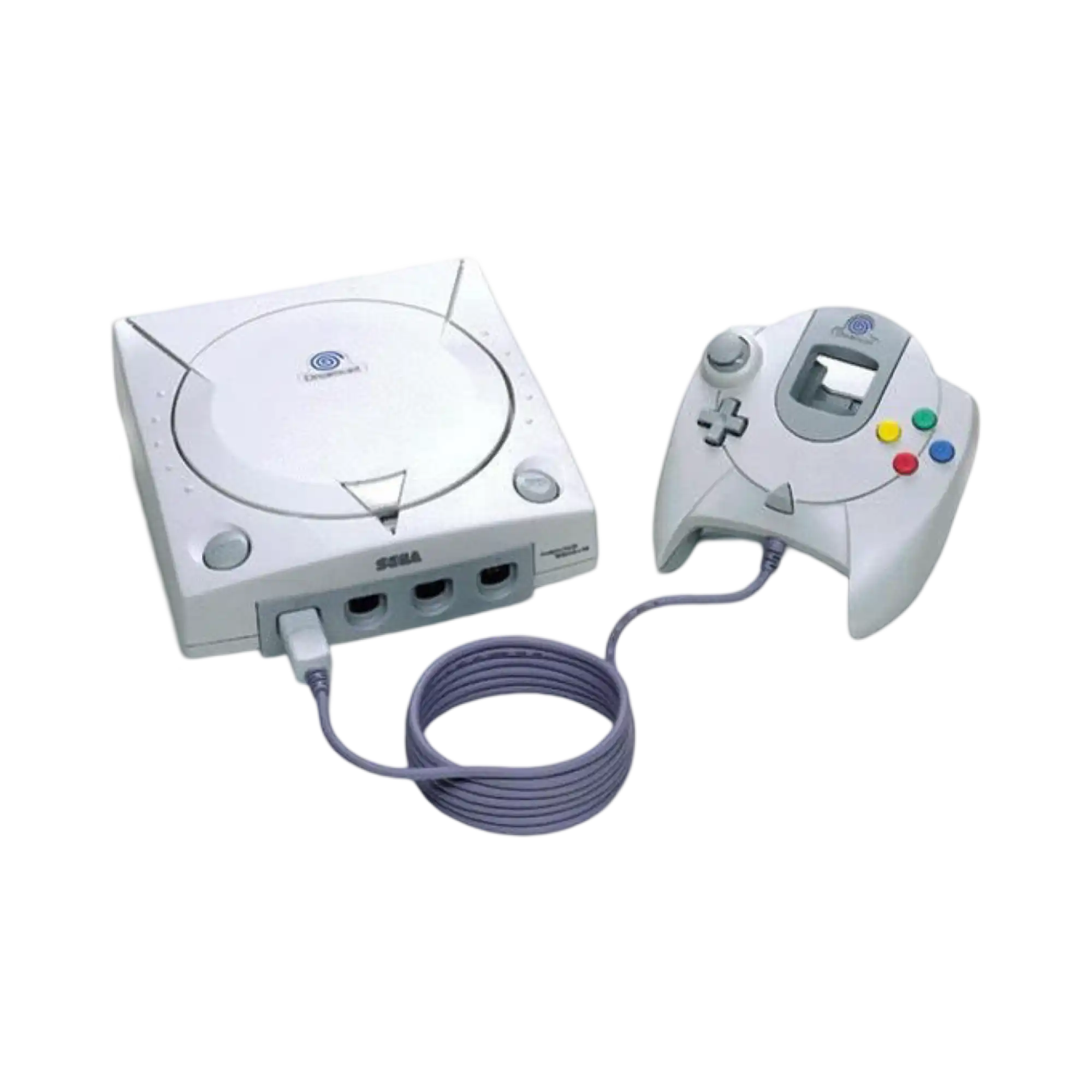 Hvit Sega Dreamcast-konsoll med en tilkoblet kontroller