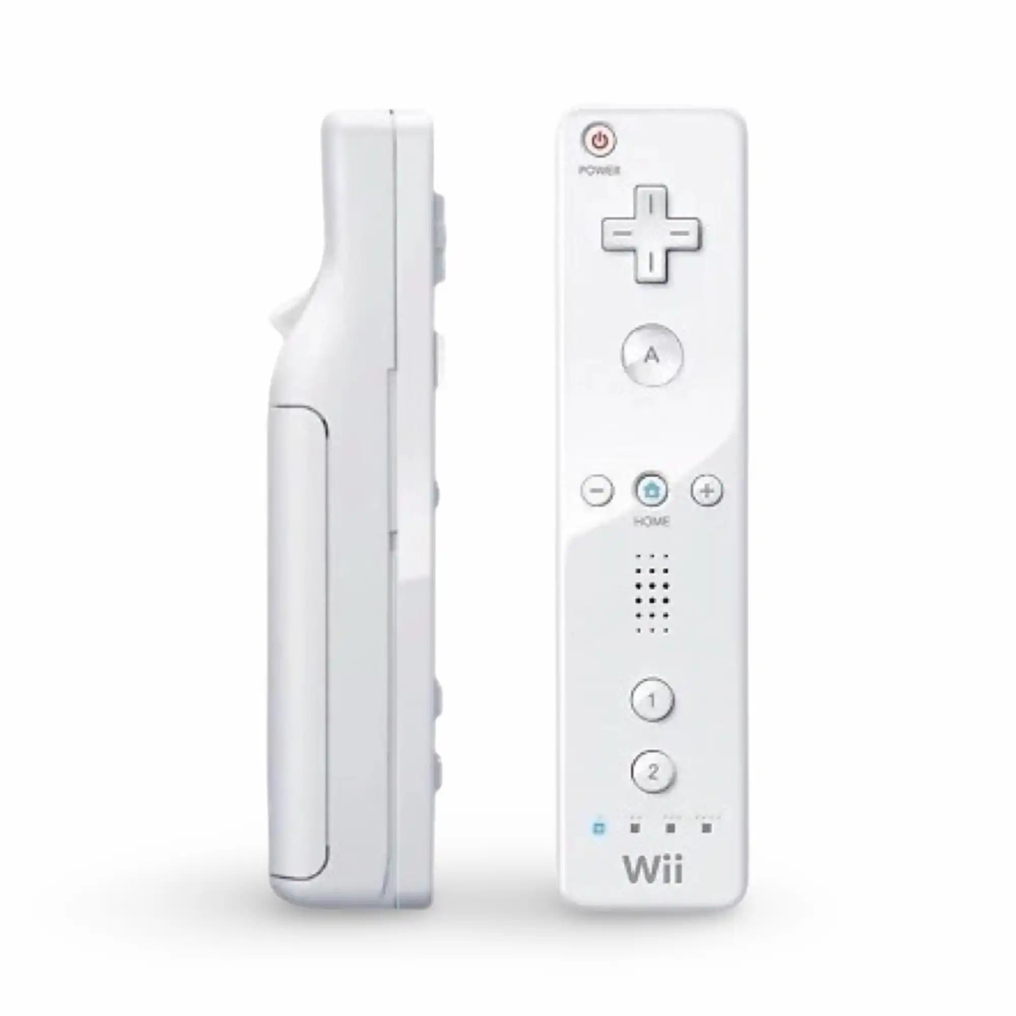 Hvitt Wii Remote-kontroller med sidevisning av tilbehørs-tilkoblingen.