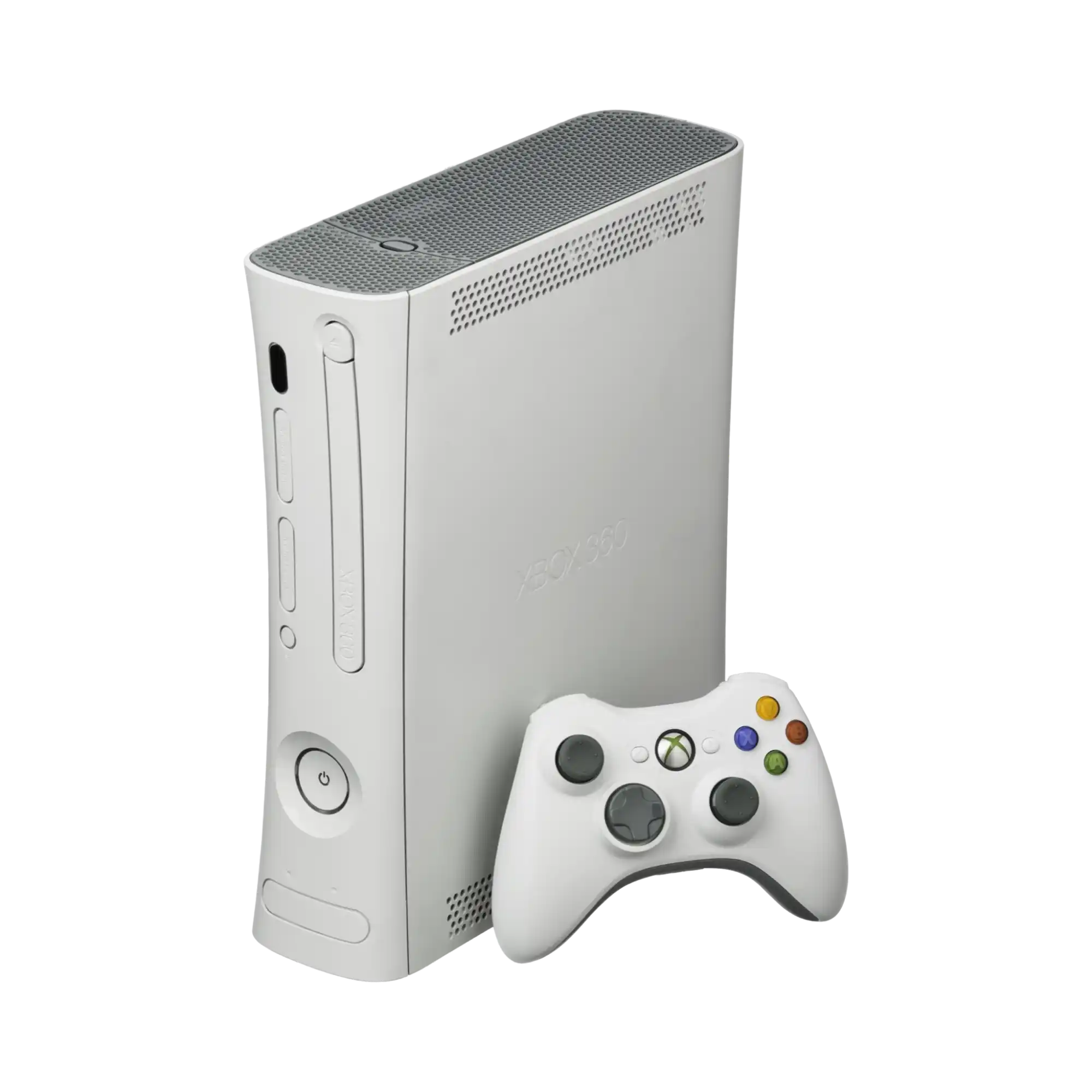 Hvitt Xbox 360-konsoll med en matchende trådløs kontroller.