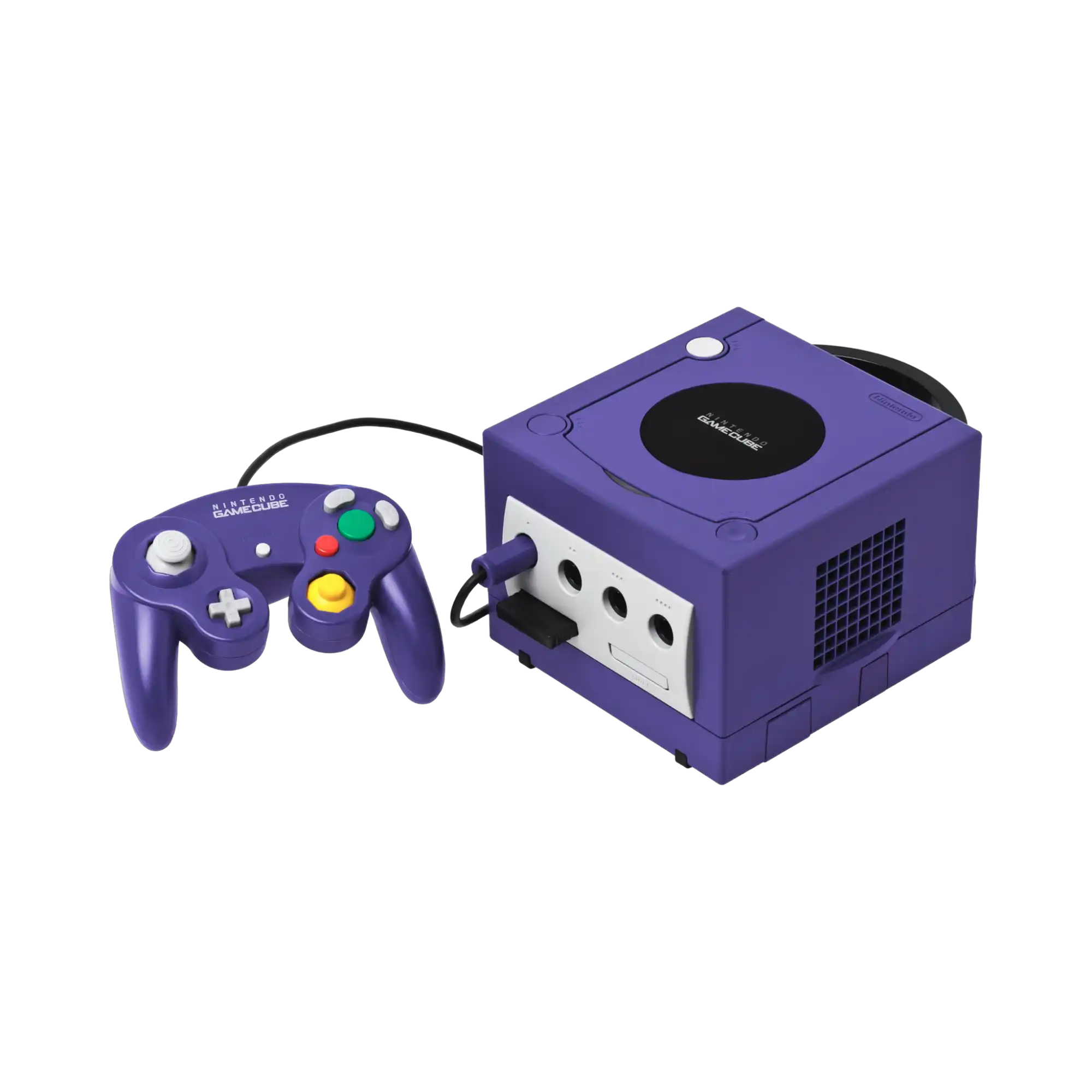 En lilla Nintendo GameCube-konsoll med en matchende kontroller.