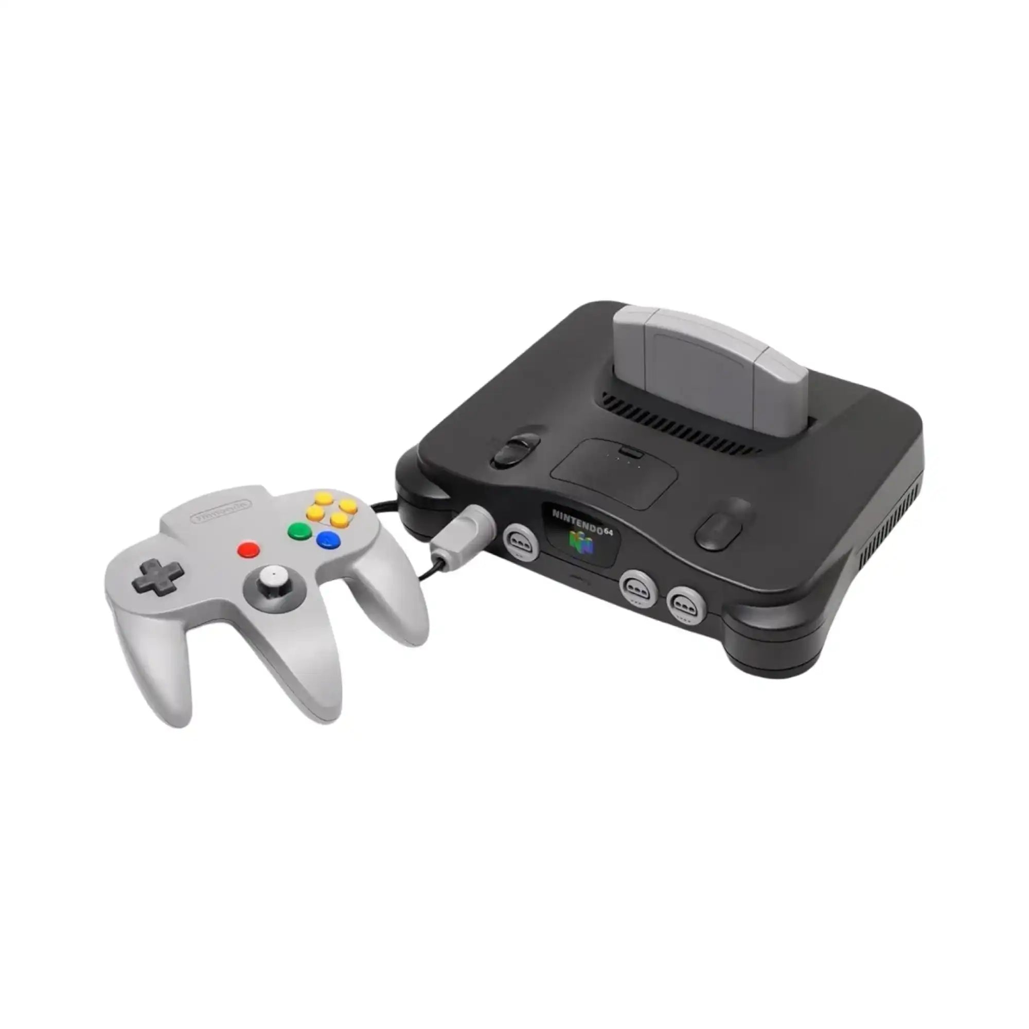 En mørk grå Nintendo 64-konsoll med en grå kontroll og et spillkort satt inn.