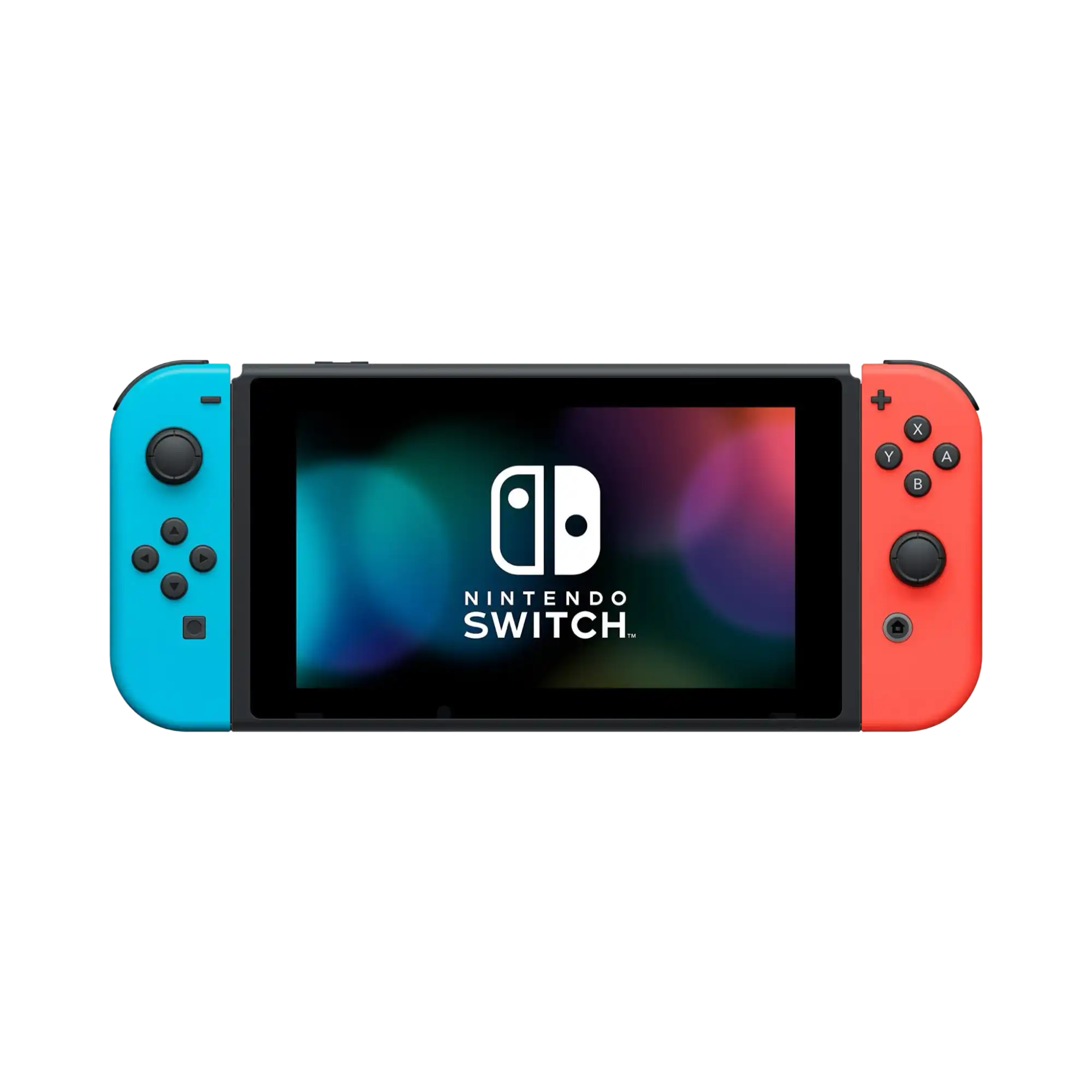 En Nintendo Switch-konsoll med blå og røde Joy-Cons.