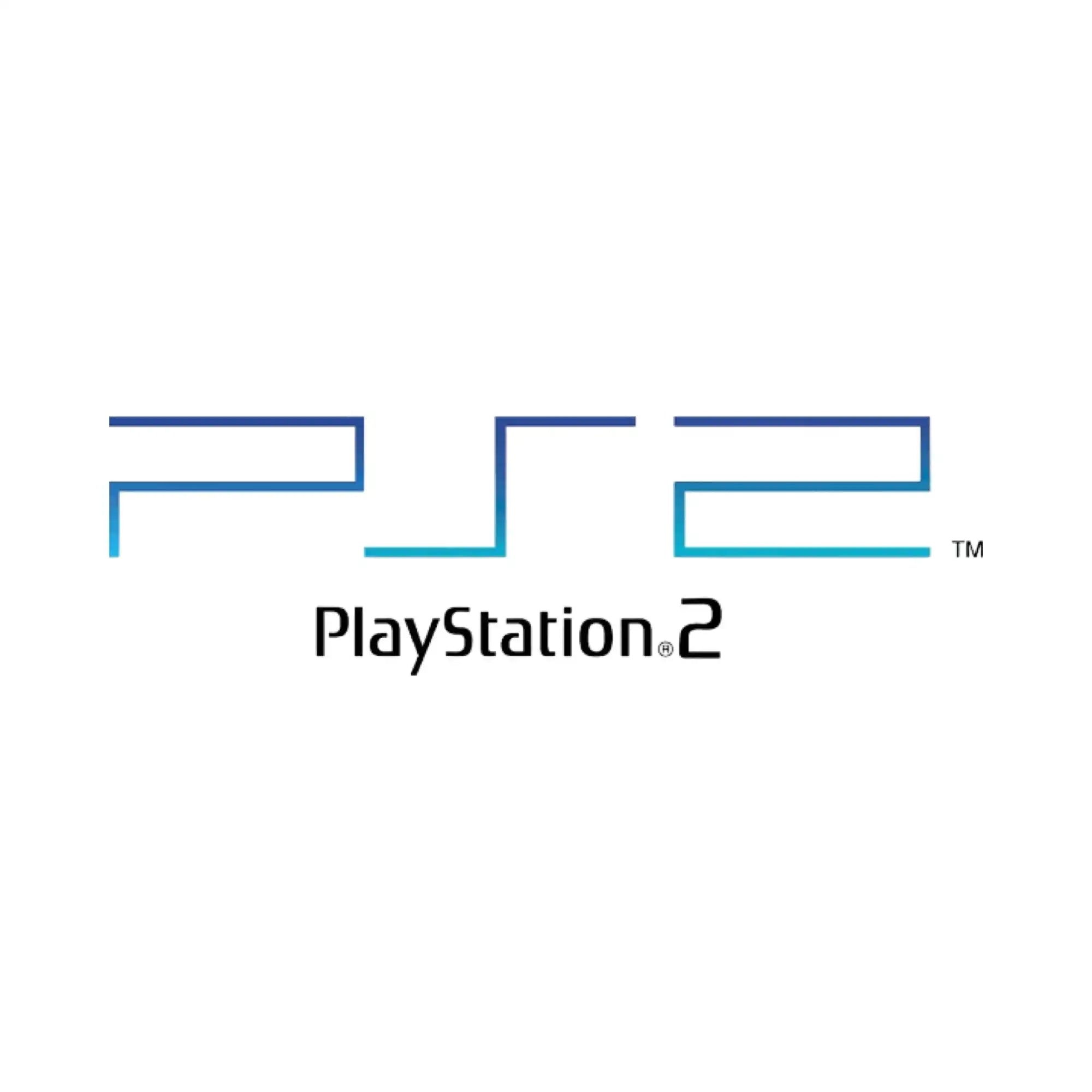 Playstation 2-logo med blå og turkis gradientlinjer på hvit bakgrunn.