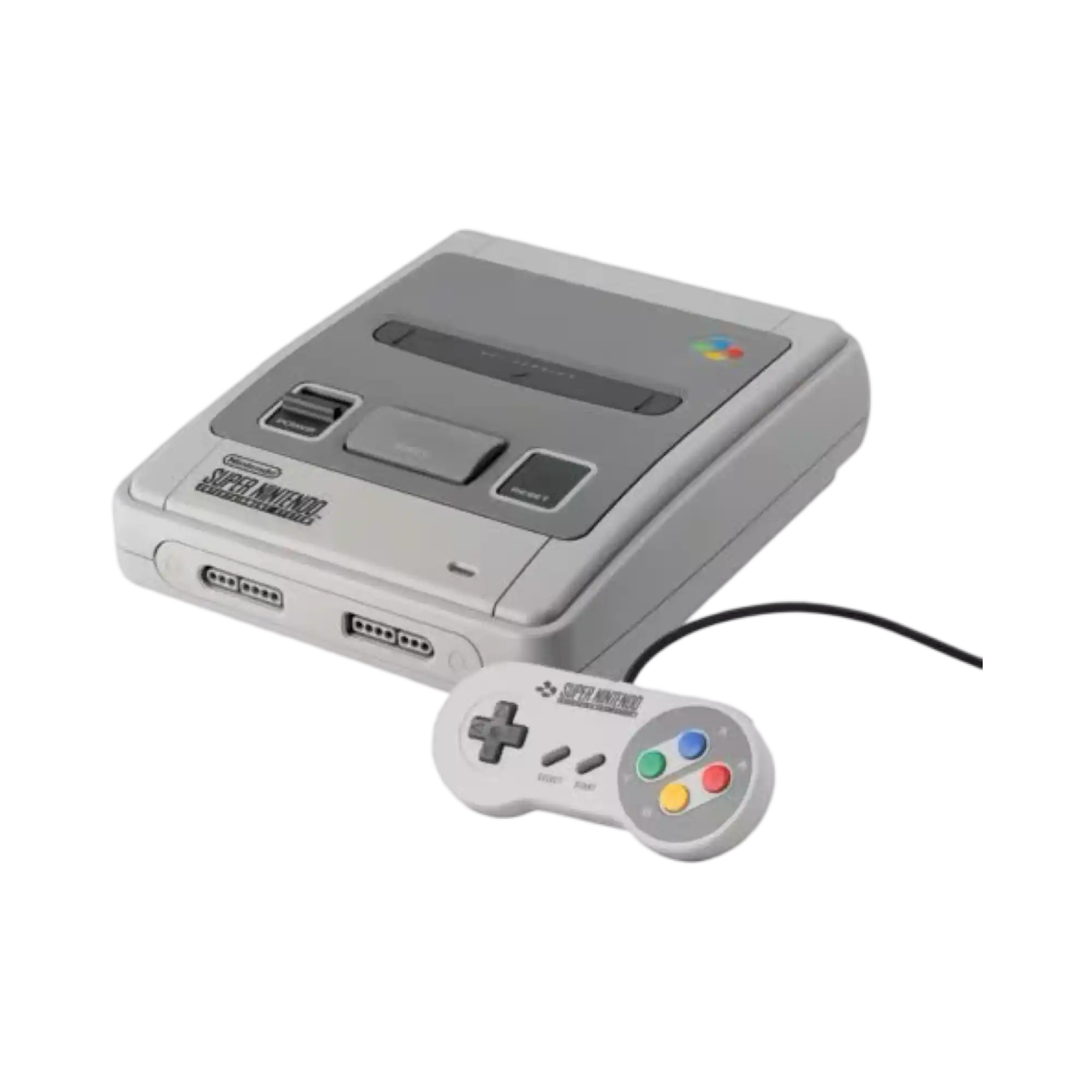 En Super Nintendo Entertainment System-konsoll og kontroller.