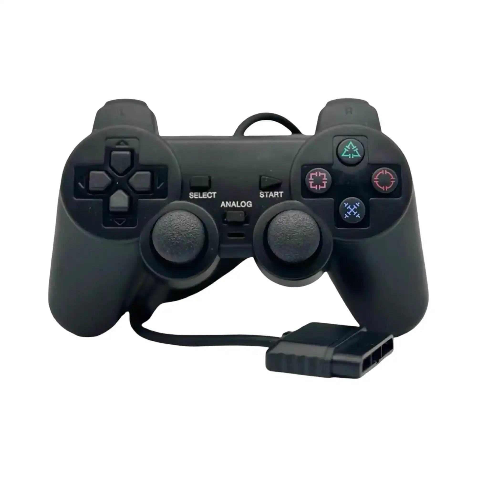 Svart kablet spillkontroller med dual analoge joysticks og fargede ansiktknapper.