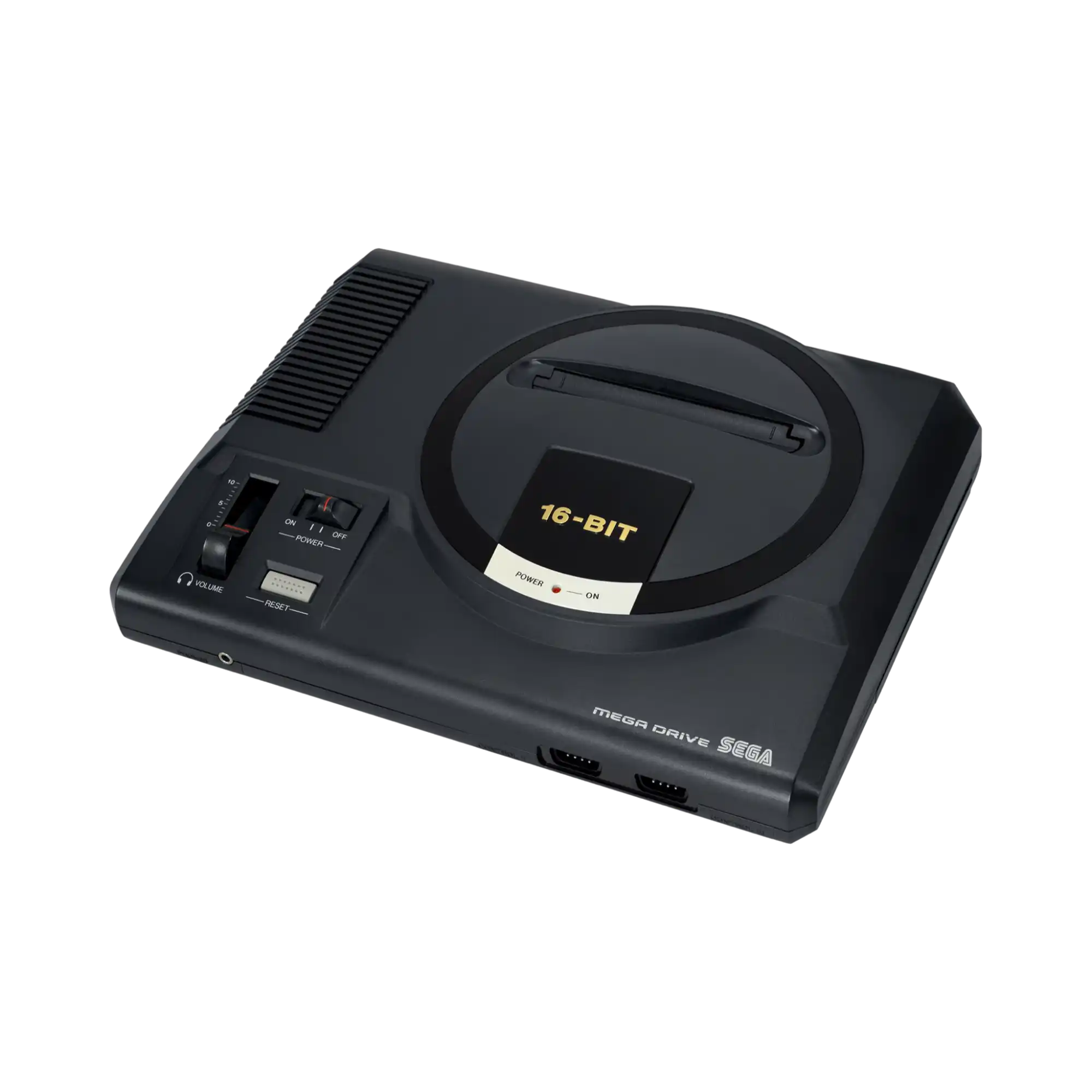 En svart Sega Mega Drive 16-bit videospillkonsoll.