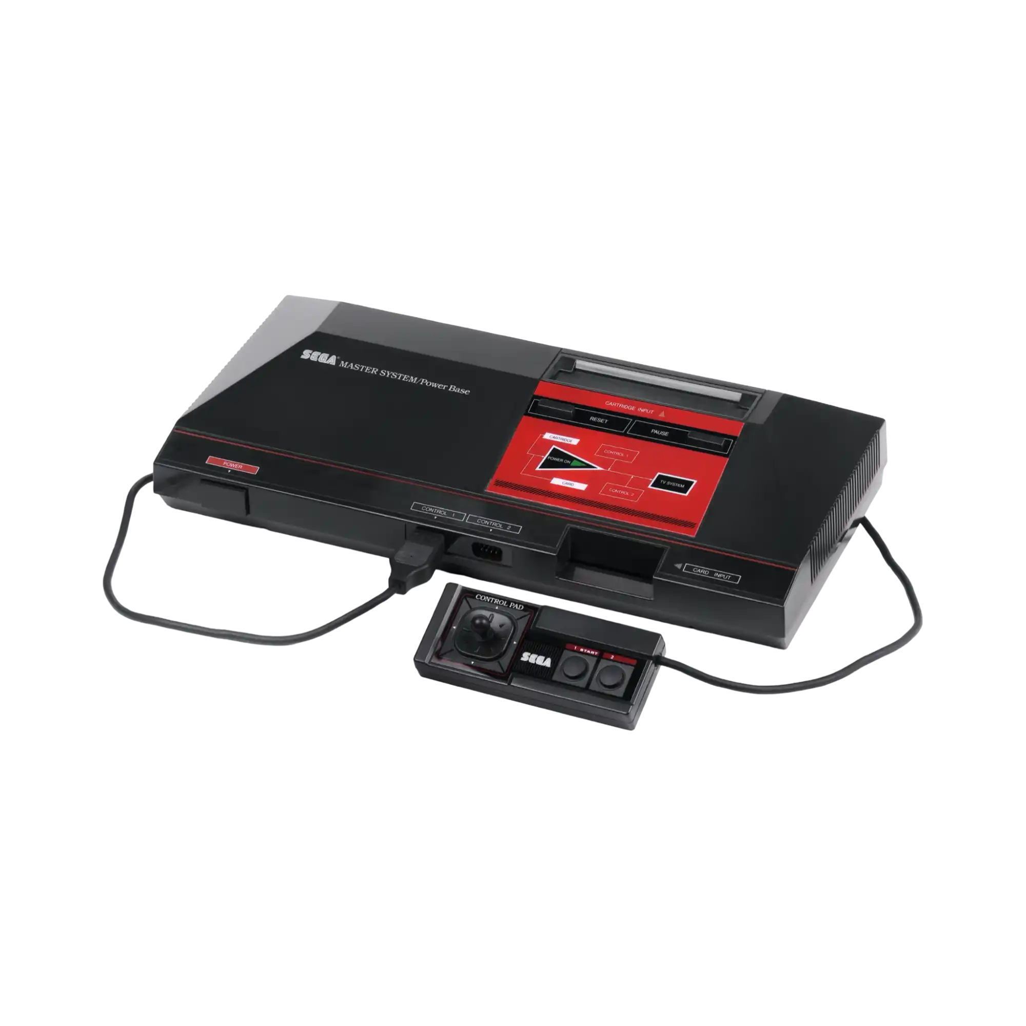 En svart Sega Mark III-konsoll med en rød kortstikk og en tilkoblet kontroller.