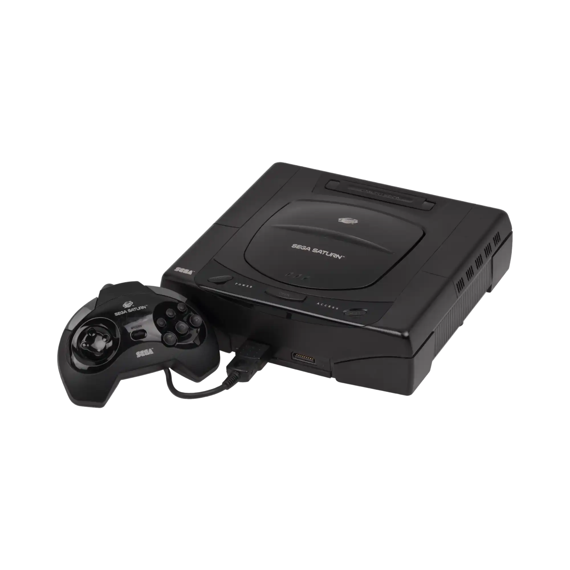 En svart Sega Saturn-konsoll med en matchende kontroller.
