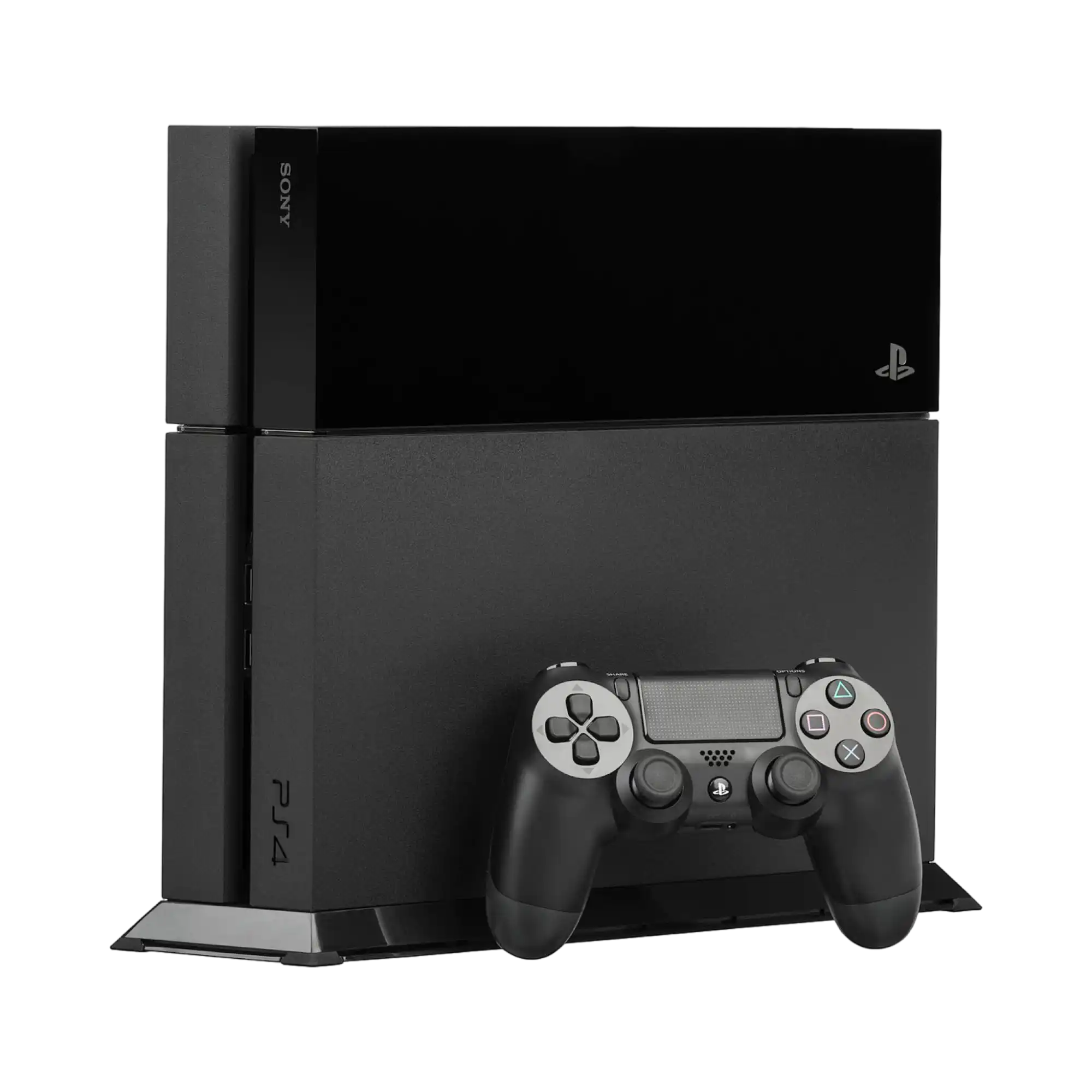 En svart Sony PlayStation 4-konsoll med en matchende DualShock 4-kontroller.
