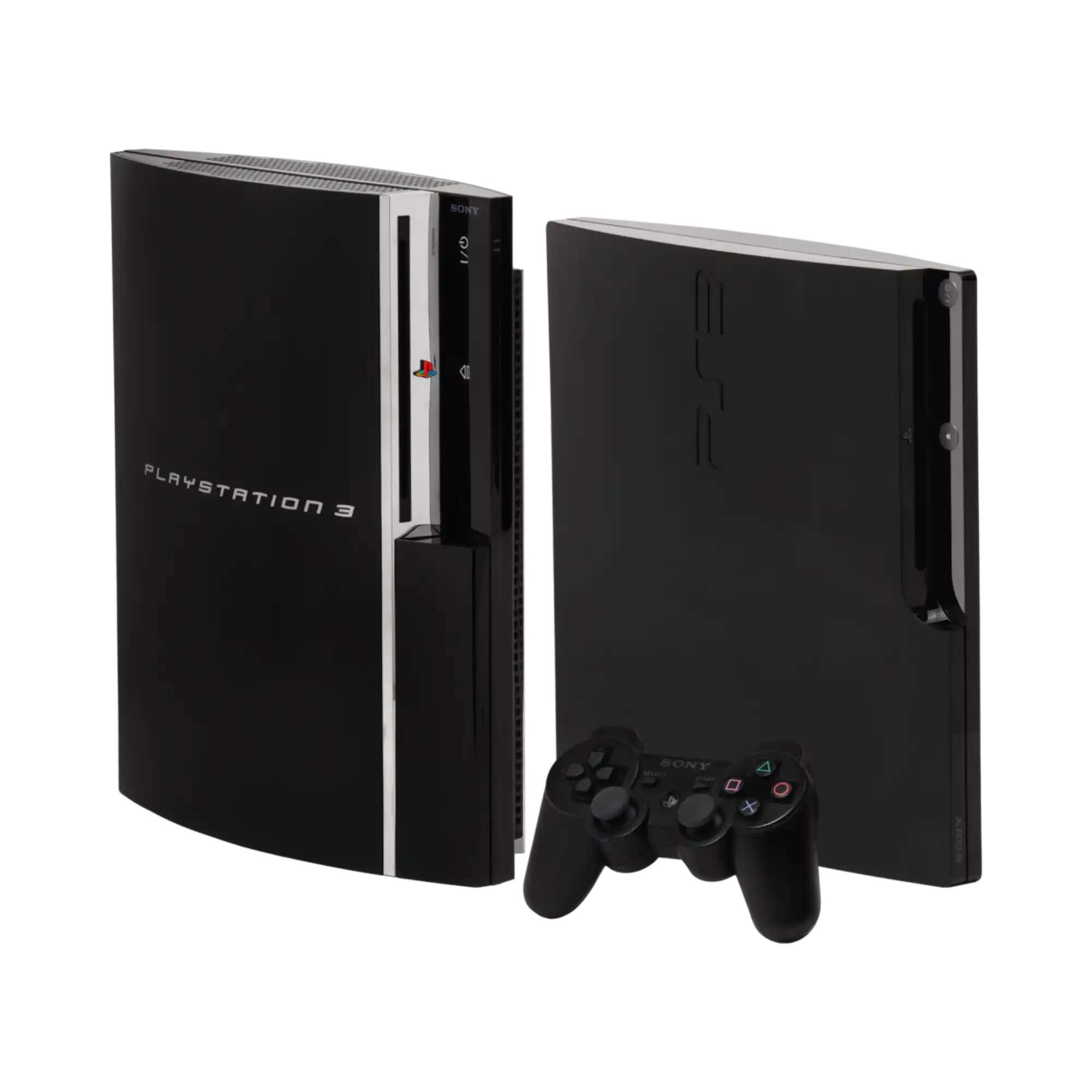 To svarte PlayStation 3-konsoller med én kontroll.