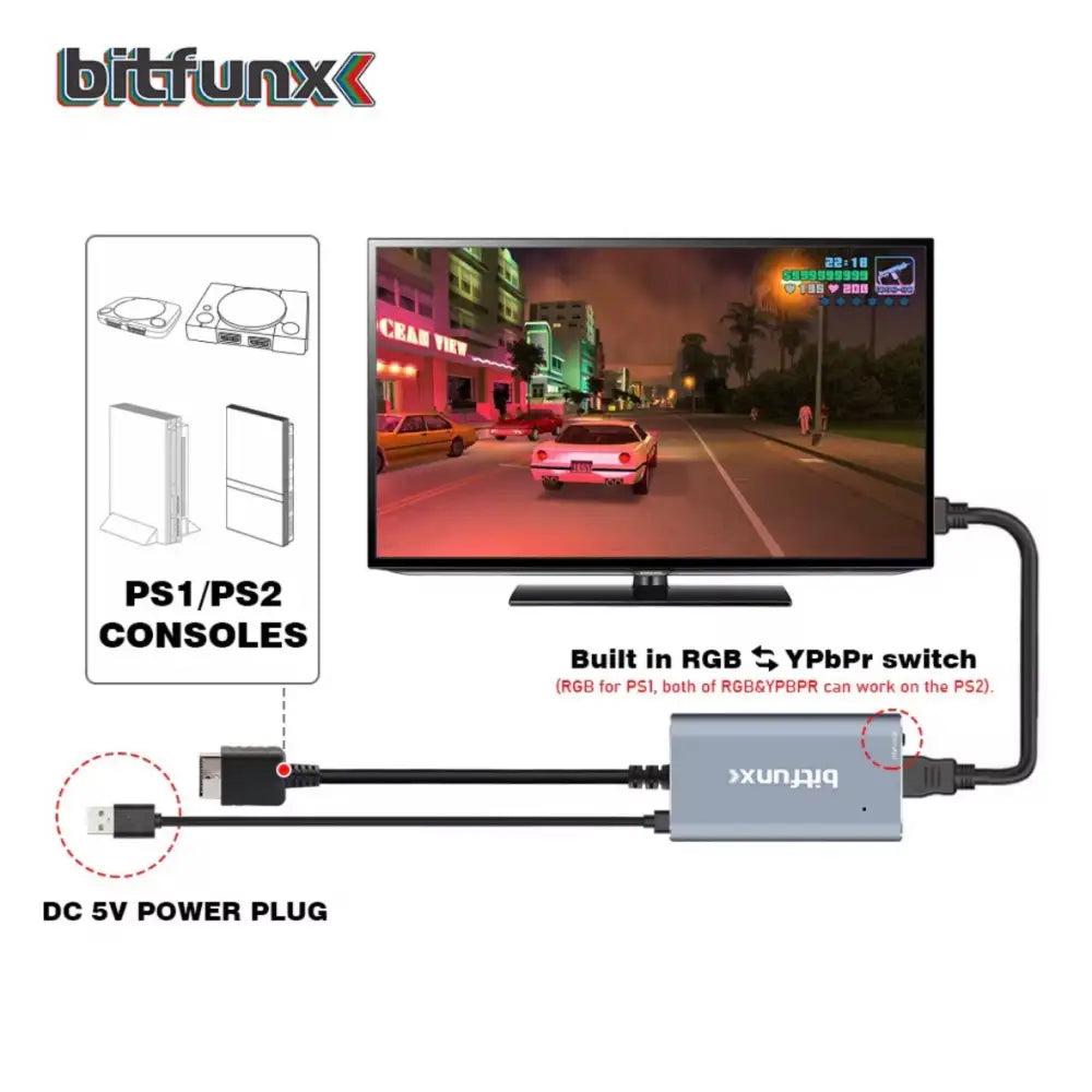 Bitfunx HDMI Adapter kabel for PlayStation PS1 / PS2 (PAL/NTSC opp til 1080p) - Konverter