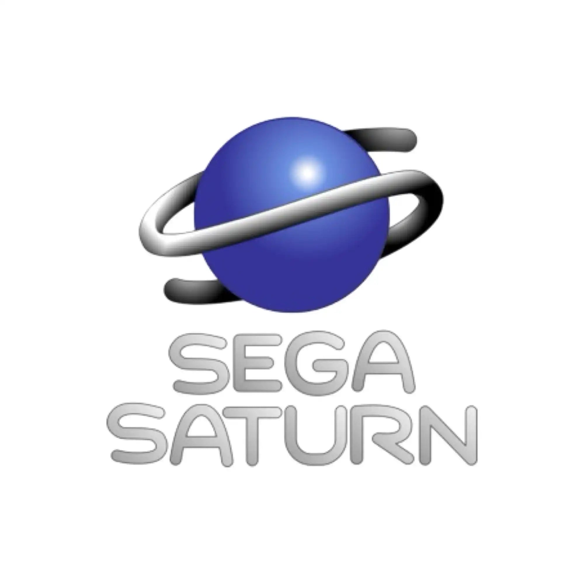 Blå saturn-tema Sega-logo med sølvringer og tekst.