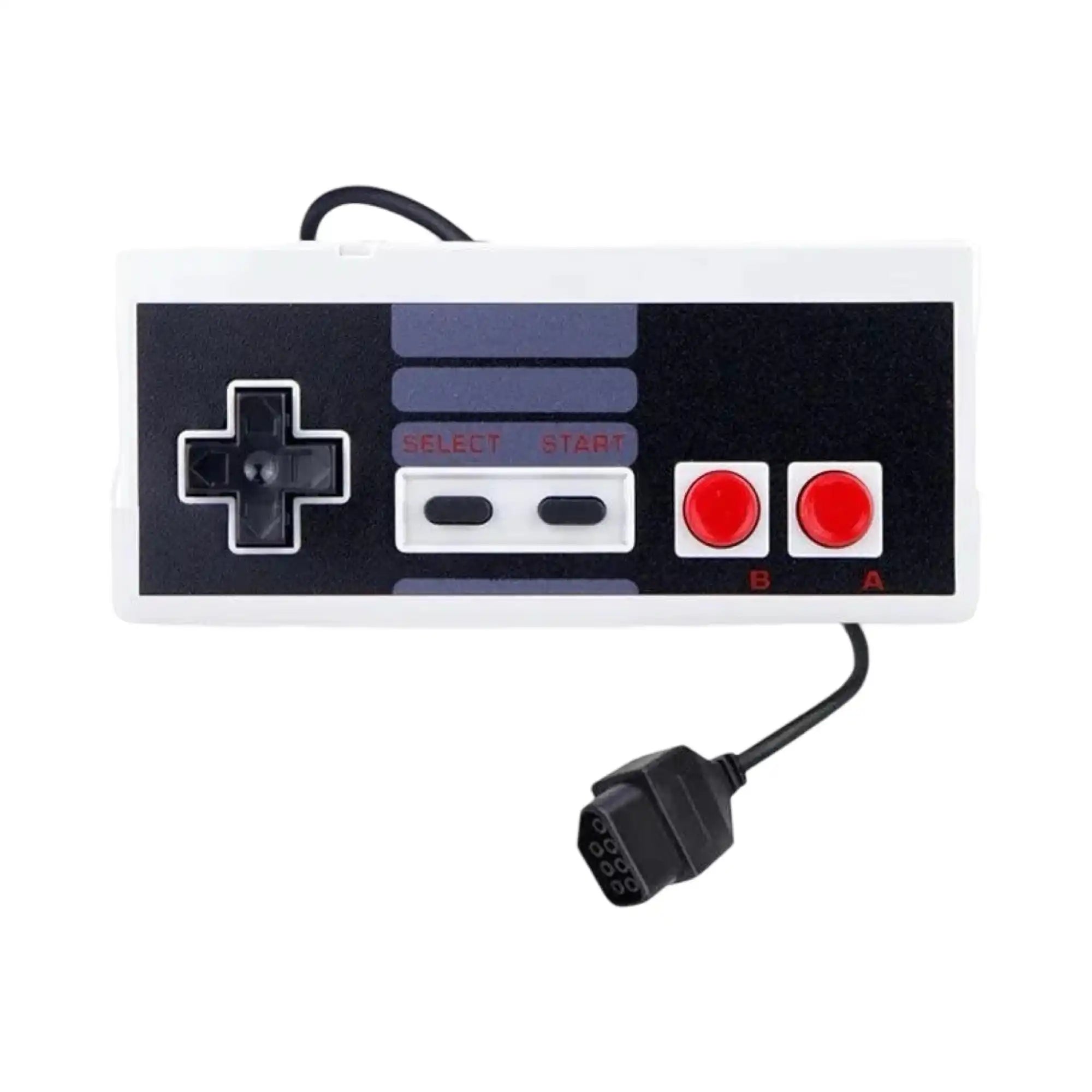 Hvitt og svart retro gaming-kontroller med røde knapper.