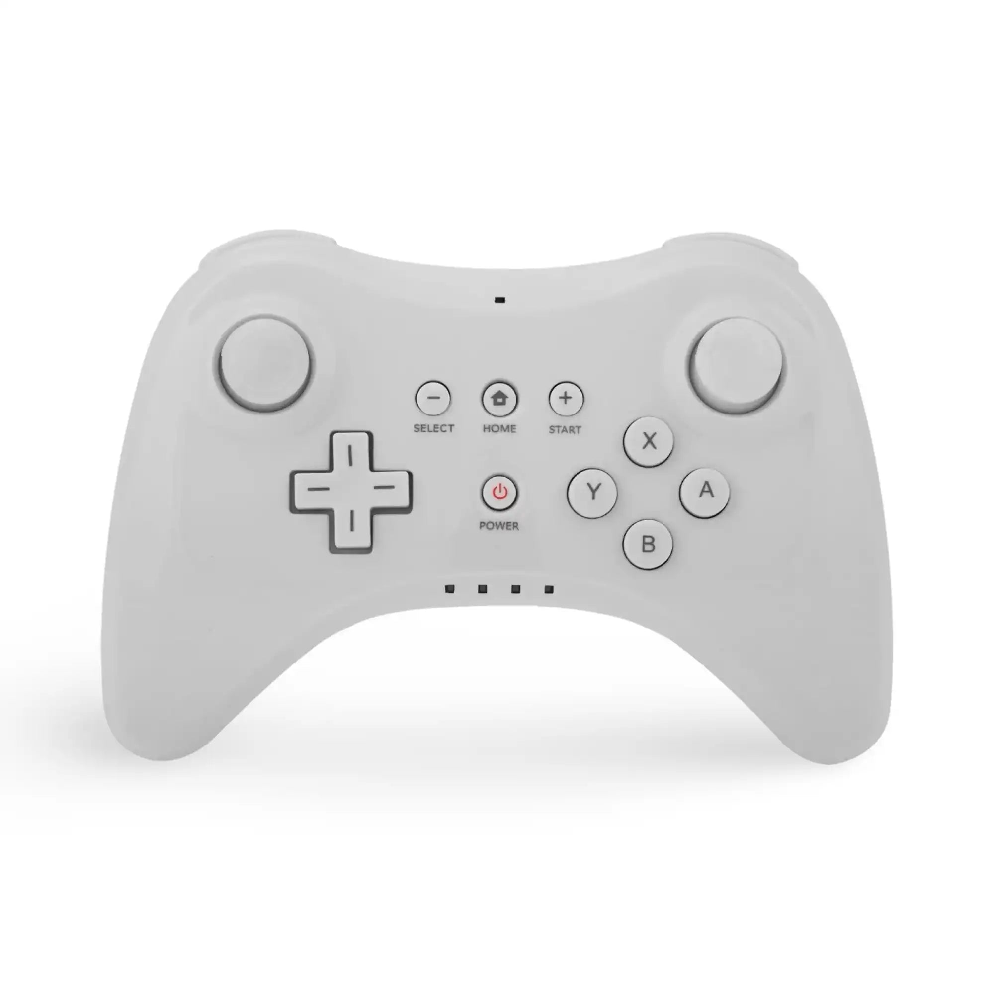 Lys grå trådløs videospillkontroller med en D-pad, joystick og handlingsknapper.