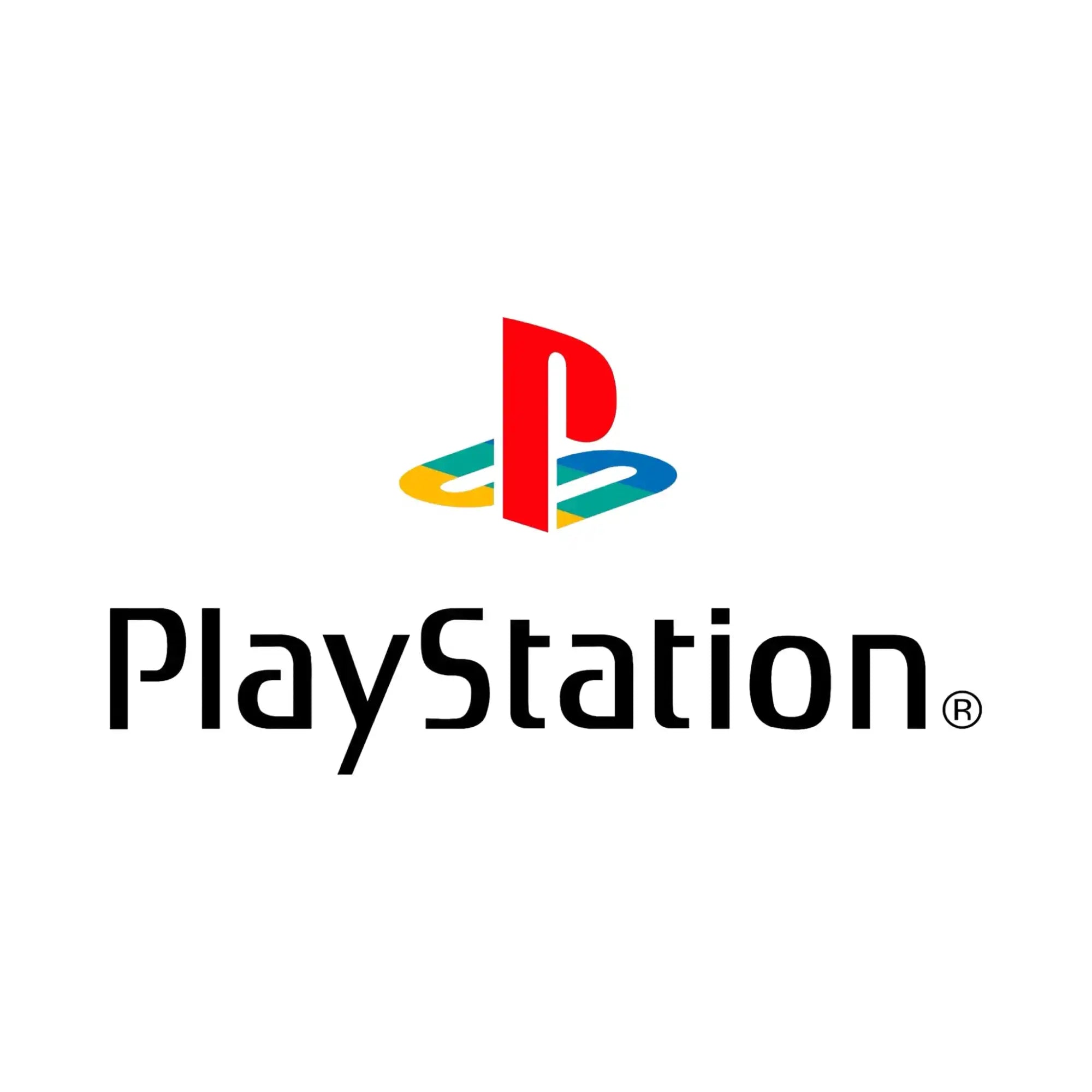 Playstation-logo med røde, blå og gule elementer på hvit bakgrunn.
