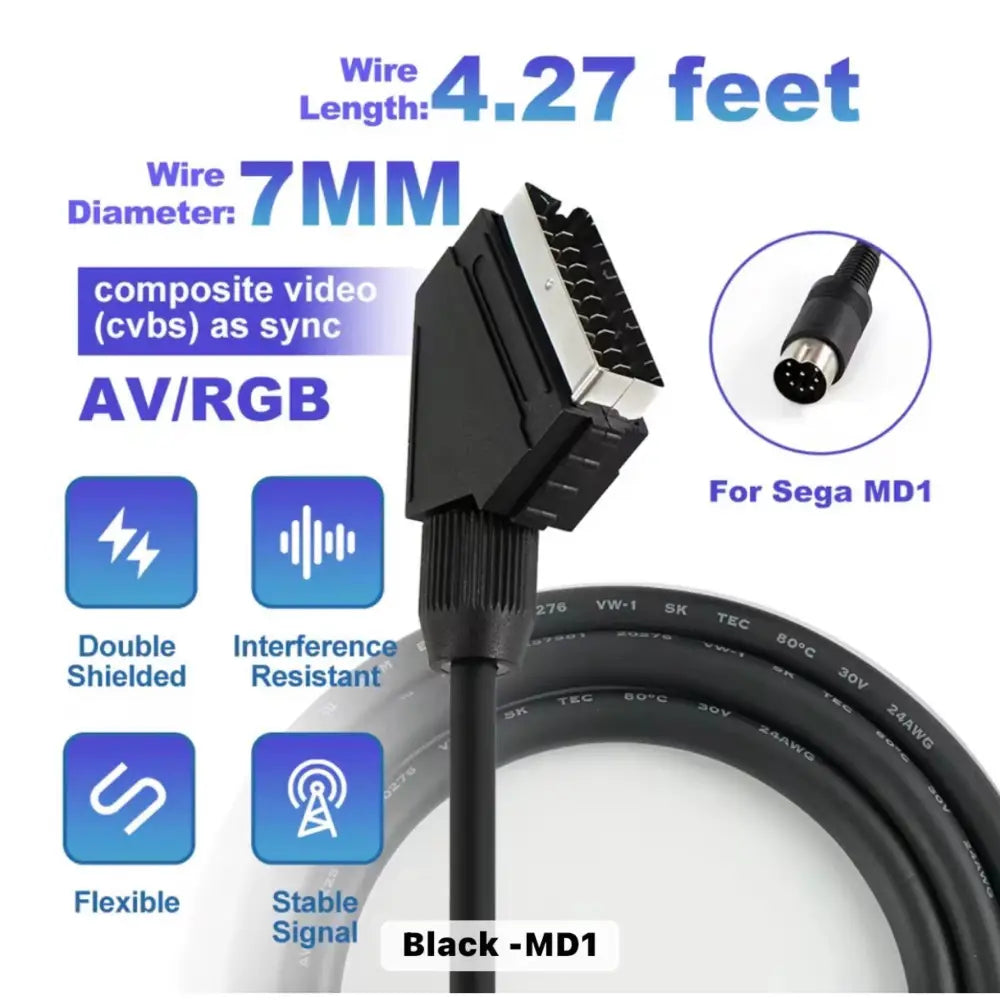 SCART RGB Kabel for Sega Mega Drive (1. gen PAL) – Høykvalitet - Kabler