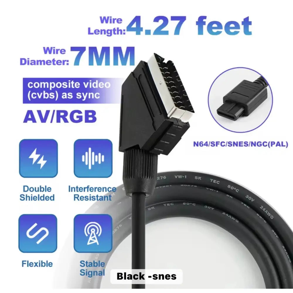 SCART RGB Kabel for SNES / GameCube / RGB-modifisert N64 (PAL) – Høykvalitet - Kabler