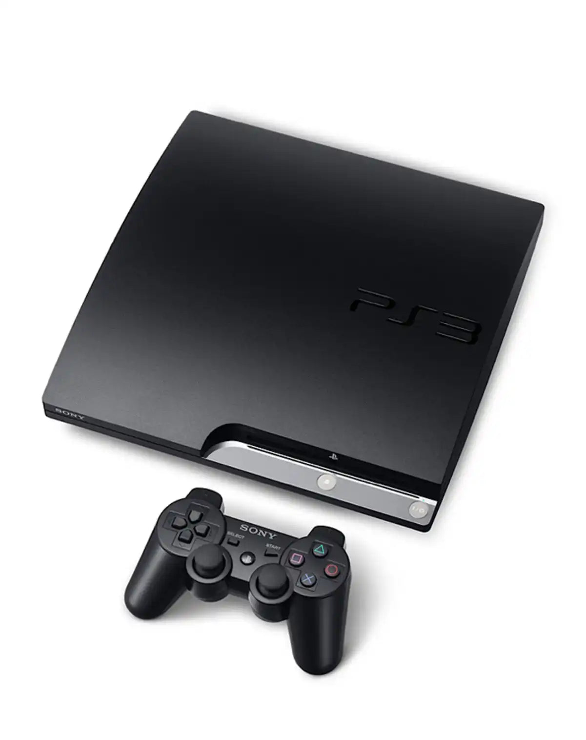 Svart PlayStation 3 Slim-konsoll med en matchende DualShock 3-kontroller