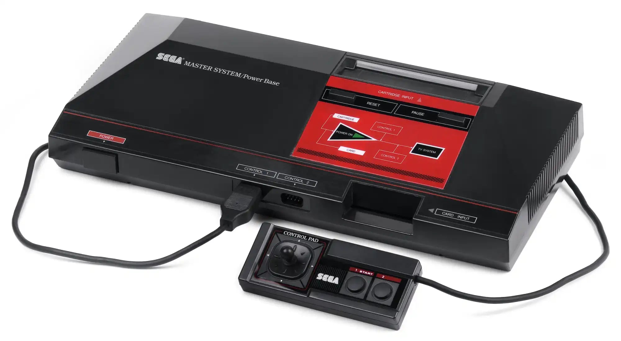 Svart Sega Master System-konsoll med en tilkoblet controller.