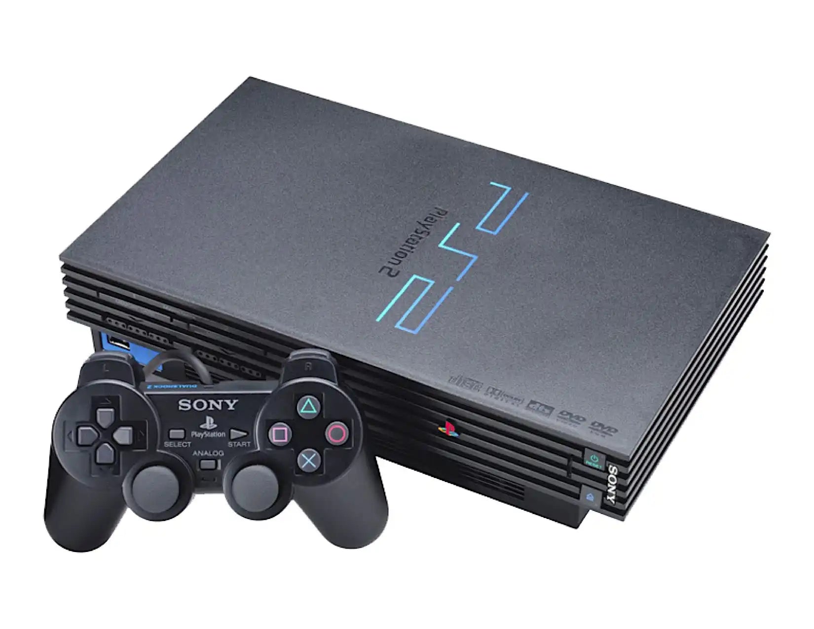 Svart Sony PlayStation 2-konsoll med matchende controll.