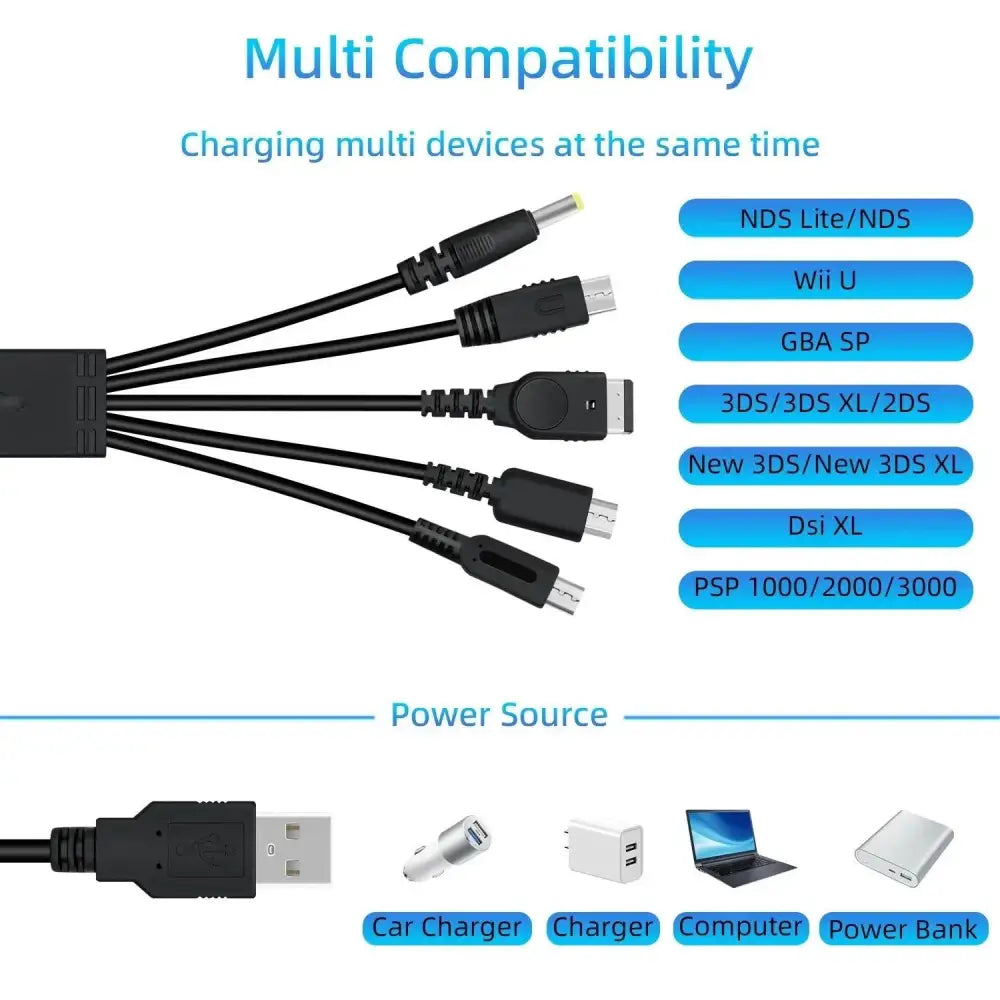 5 i 1 dataoverførings- og ladekabel for Nintendo DS Lite/NDS/Ny 3DS XL/NEW 3DS/3DS XL/3DS/2DS/DSi XL/Wii U/GBA SP/PSP 1000/2000/3000 - RetroGaming.No