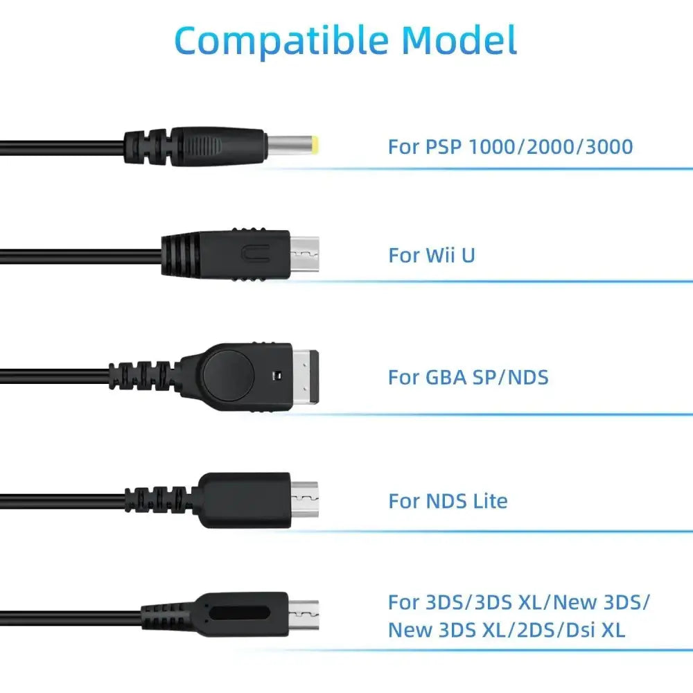 5 i 1 dataoverførings- og ladekabel for Nintendo DS Lite/NDS/Ny 3DS XL/NEW 3DS/3DS XL/3DS/2DS/DSi XL/Wii U/GBA SP/PSP 1000/2000/3000 - RetroGaming.No